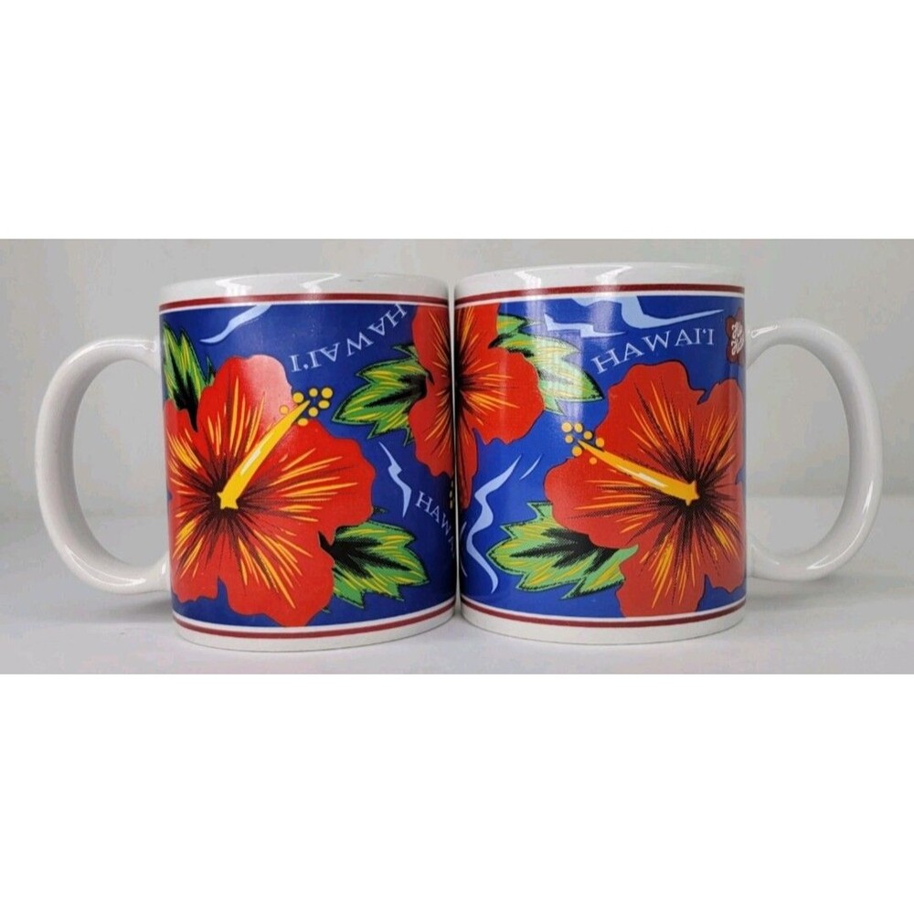 2 Hilo Hattie Coffee Cup Mugs Hibiscus Hawaii Tropical Tiki Flowers 1996 Vintage